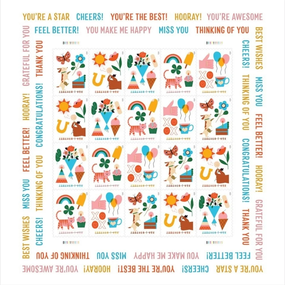 100 New‎ 2023 Thinking Of You USPS Forever Stamps With Bonus Stickers Fun Lucky